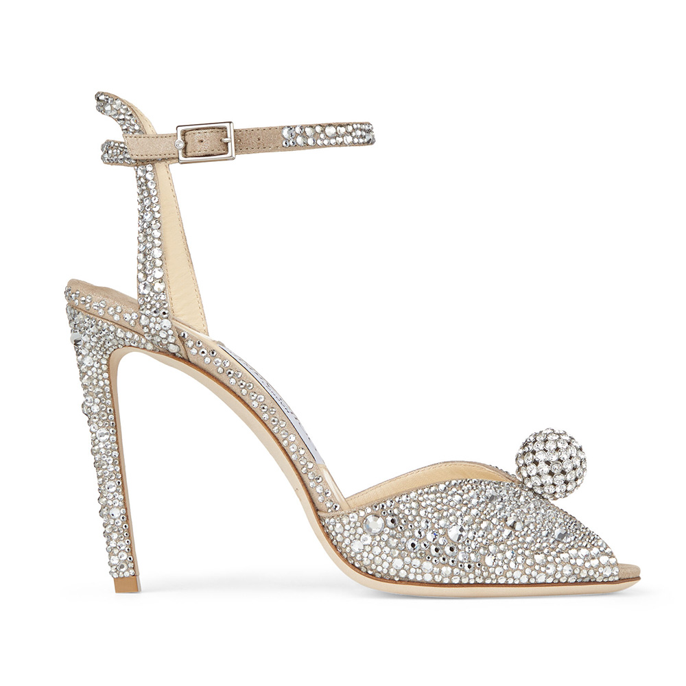 Jimmy Choo Women Sacora 100 Nude Suede Sandals With Hotfix Crystals And