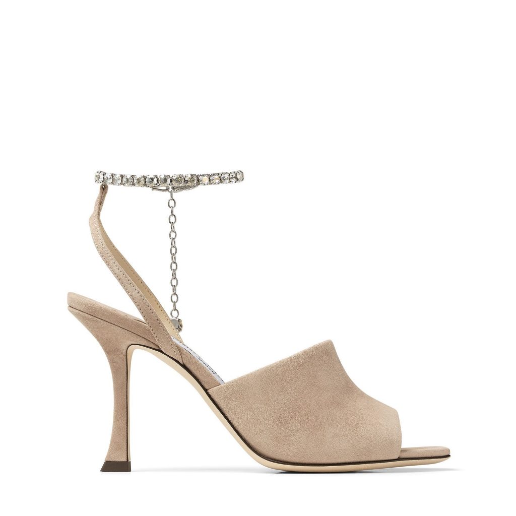 Jimmy Choo Women Sacora Nude Suede Sandals With Hotfix Crystals And