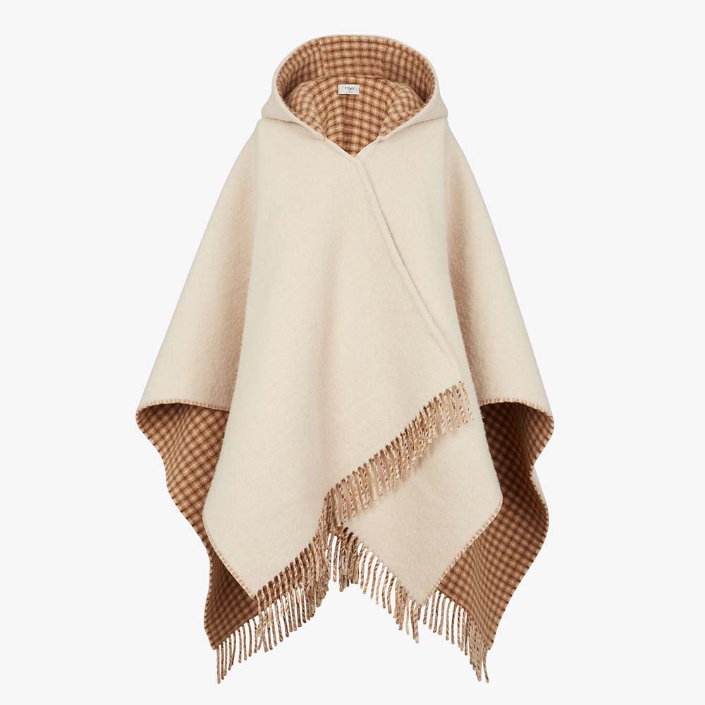 Fendi Women Cream Wool And Cashmere Poncho With Hood