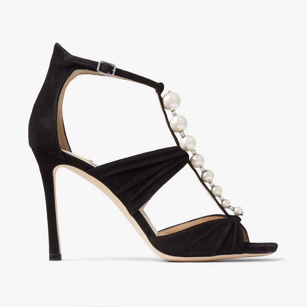 Jimmy Choo Women Aura 95 Black Suede Sandals With Pearls And Crystals