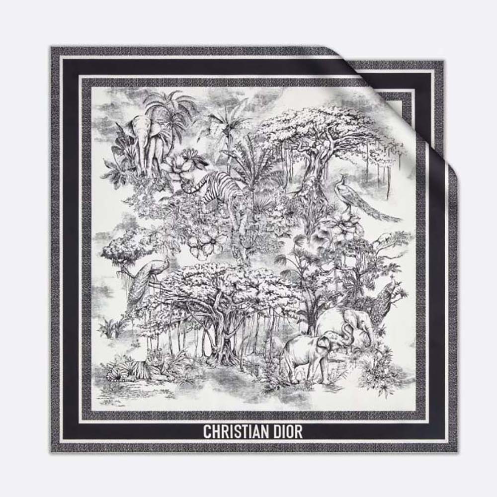 Dior Women Toile De Jouy Voyage Square Scarf White And Black Silk Twill