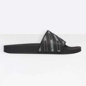 Balenciaga Men Stripe Piscine Slide Sandal in Black and White Printed Rubber
