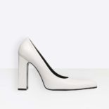 Balenciaga Women Shoes Round Toe Glazed Calfskin Pumps 110mm Heel-White