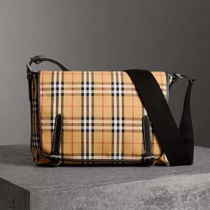 Burberry Men Large Leather Trim Vintage Check Messenger Bag