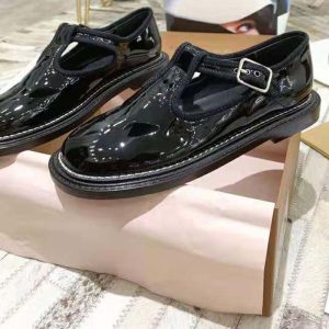 Burberry Women T Bar Shoes Upgraded High Gloss Patent Leather Black