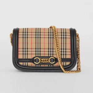 Burberry Women The 1983 Check Link Bag Leather Trim-Black