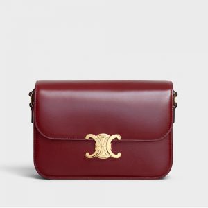 Celine Women Medium Triomphe Bag in Shiny Calfskin Maroon