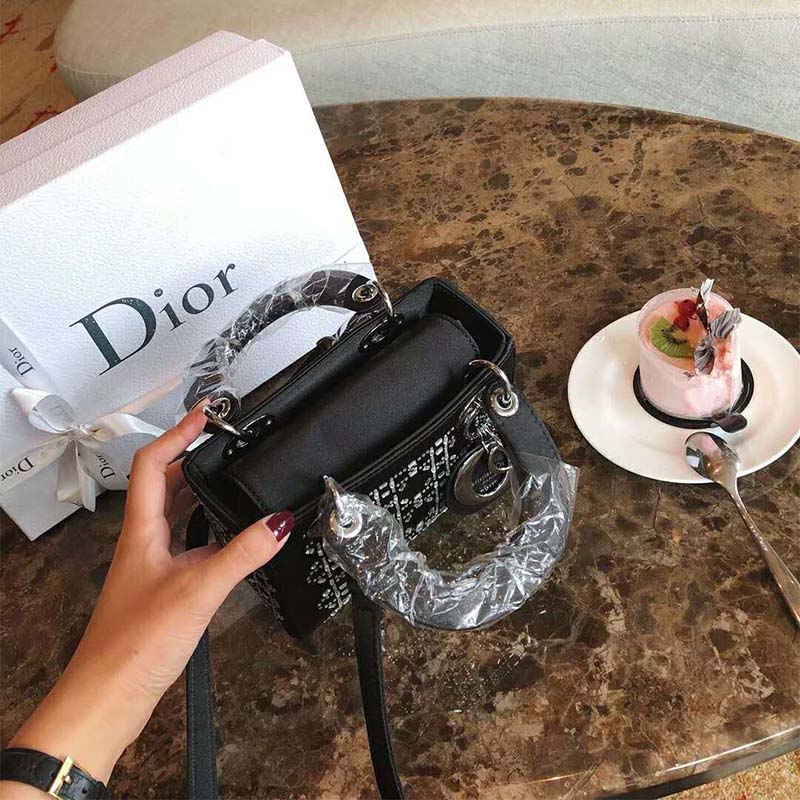 Dior Mini Lady Dior Bag in Black Cannage Satin with Rhinestones