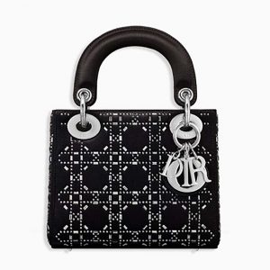 Mini lady dior bag in black cannage satin 2025 with rhinestones