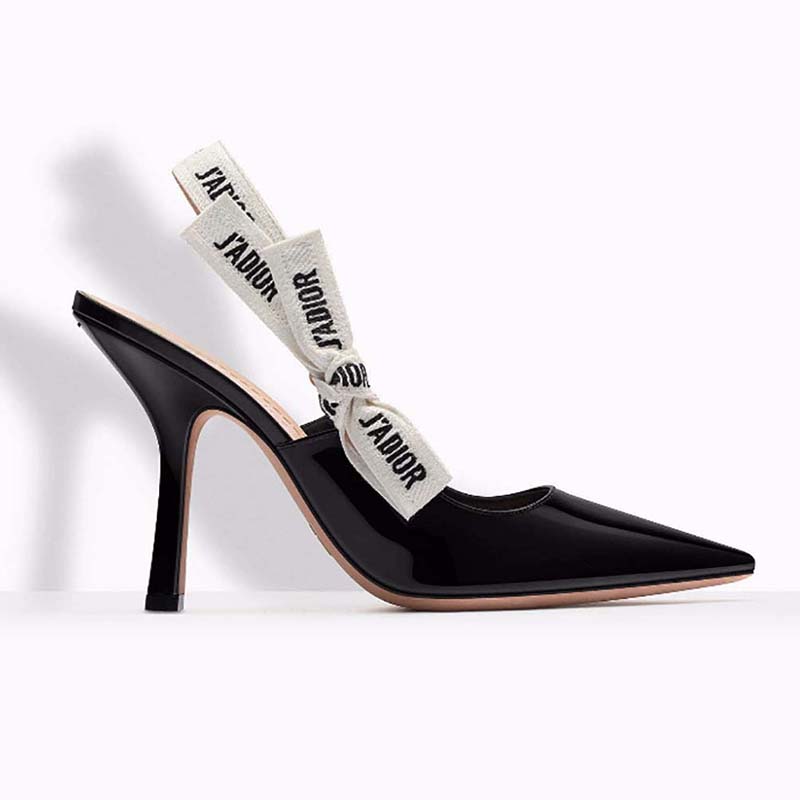 Dior Women Slingback Black Patent Calfskin Leather J'Adior Ribbon 10cm