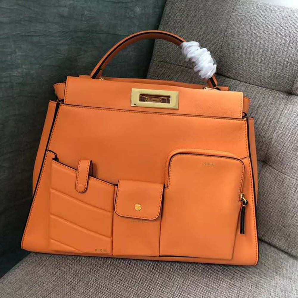 Fendi Women Peekaboo Reagular Pocket Orange Leather Bag