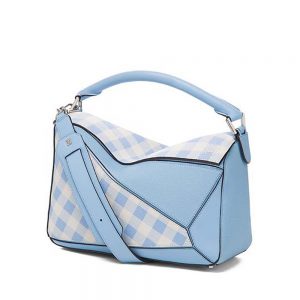 Loewe Women Puzzle Gingham Bag in Calfskin-Blue