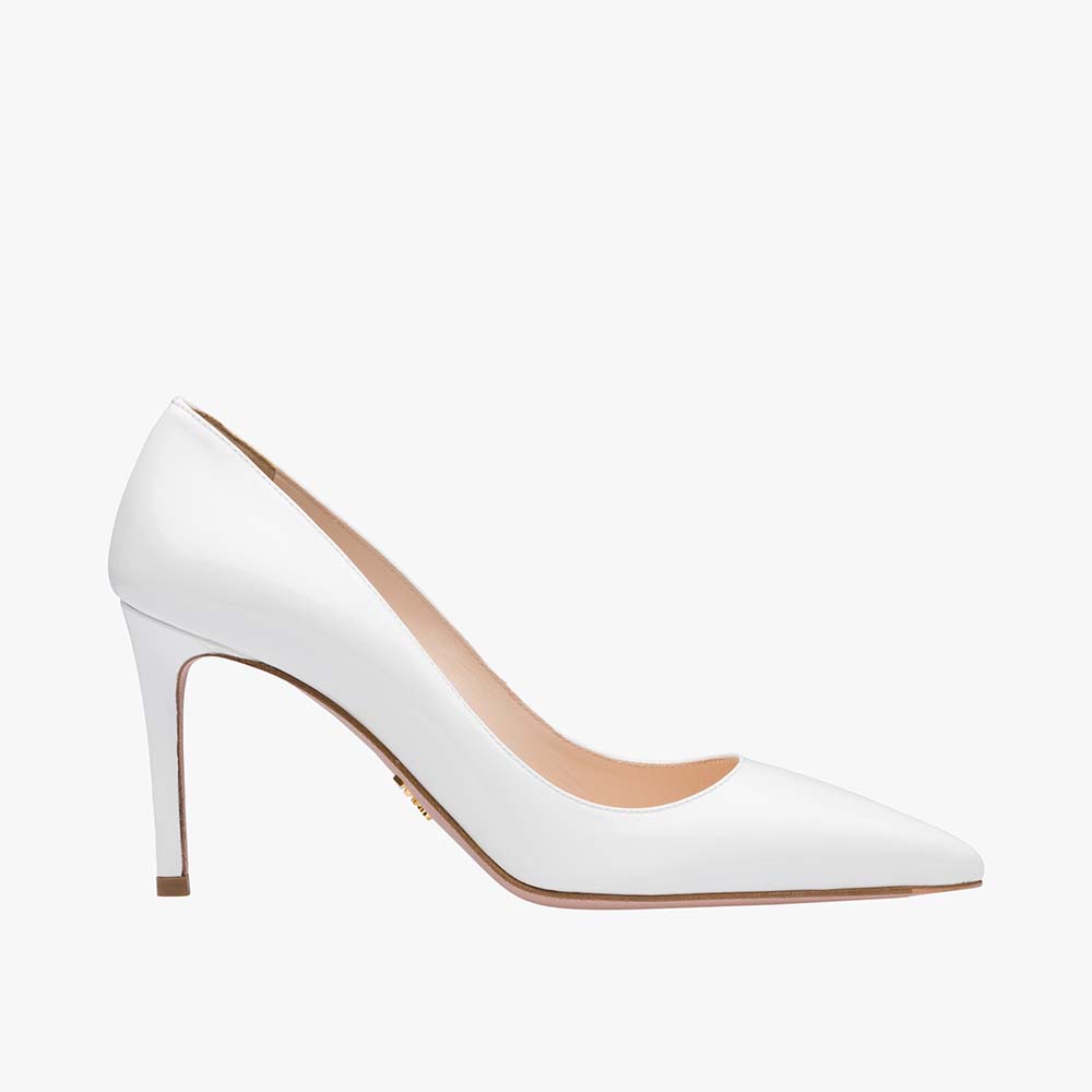 Prada Women Shoes Patent Leather Pointy Toe Pumps 85mm Heel-White