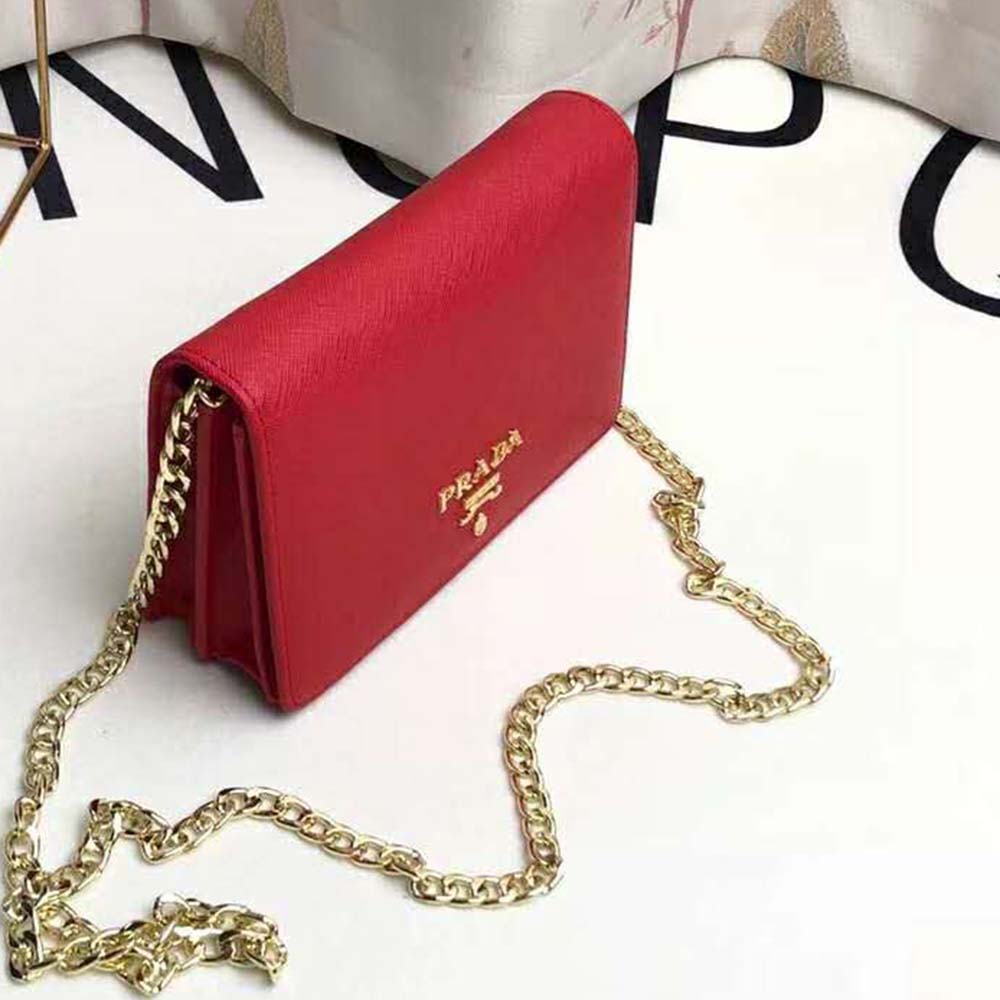 Prada Red Saffiano Turnlock Chain Shoulder Bag at 1stDibs