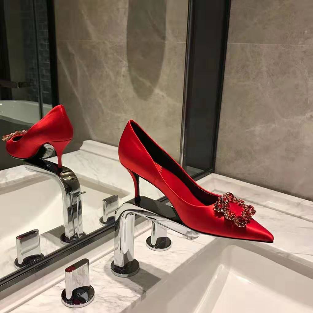 Roger Vivier Women Silk Flower Strass Pumps 6.6 cm Heel-Red 2 Roger Vivier Women Silk Flower Strass Pumps 6.6 cm Heel-Red - Image 2