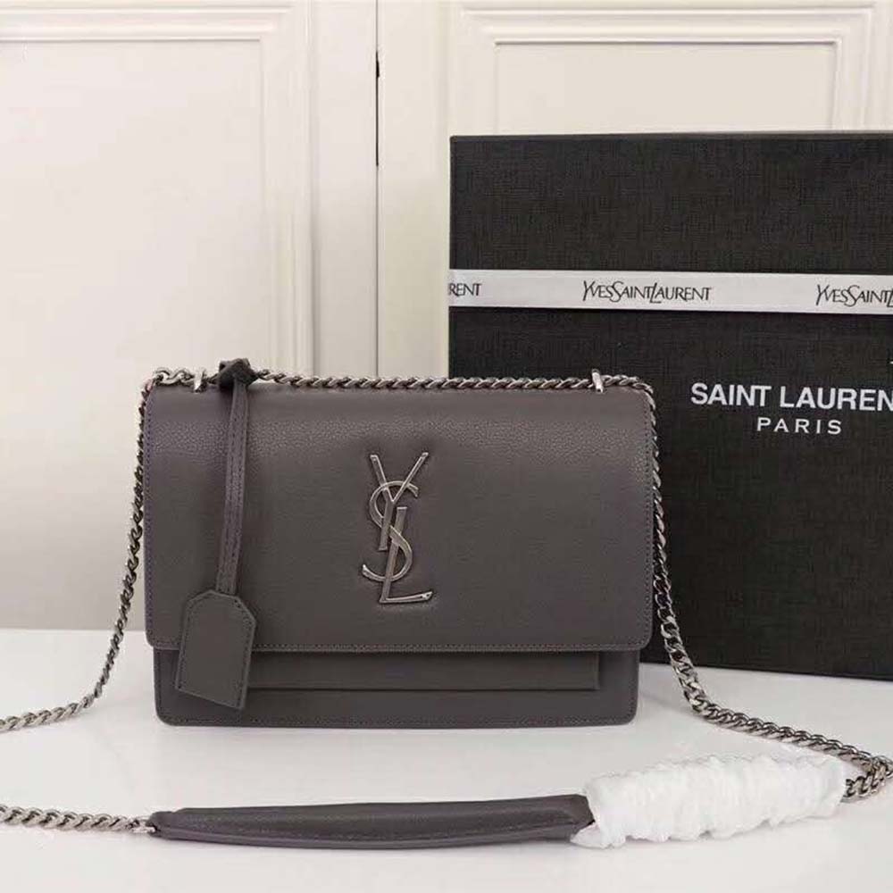 Saint Laurent YSL Medium Sunset Bag in Calfskin Leather Grey