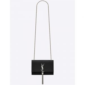 Saint Laurent YSL Women Kate Small Tassel Embossed Crocodile Shiny Calfskin-Black