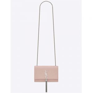 Saint Laurent YSL Women Kate Small Tassel Embossed Crocodile Shiny Calfskin-Pink
