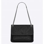 Saint Laurent YSL Women Medium Niki Chain Crinkled Quilted Fog-Black