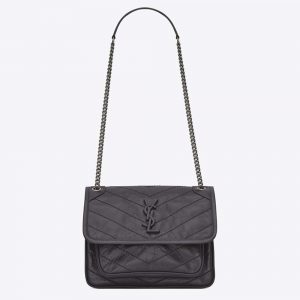 Saint Laurent YSL Women Niki Baby Crinkled Vintage-Light Grey