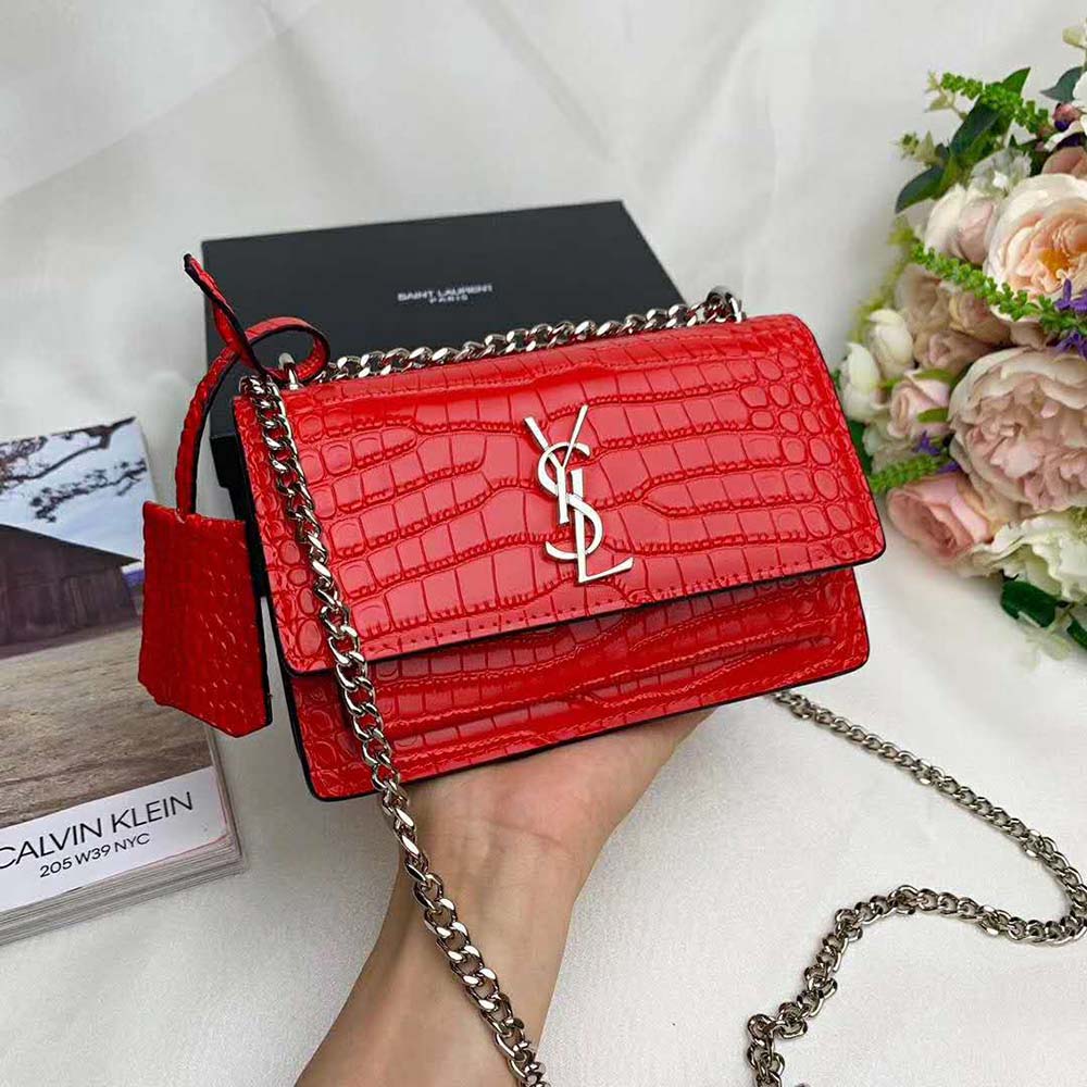 Saint Laurent YSL Women Sunset Medium Crocodile Embossed Shiny-Red 7 Saint Laurent YSL Women Sunset Medium Crocodile Embossed Shiny-Red - Image 7