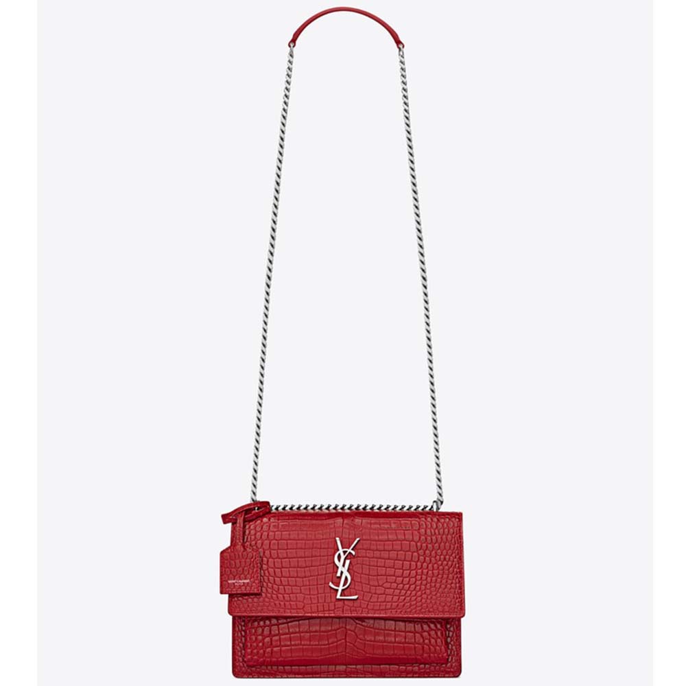 Saint Laurent YSL Women Sunset Medium Crocodile Embossed Shiny-Red 1 Saint Laurent YSL Women Sunset Medium Crocodile Embossed Shiny-Red