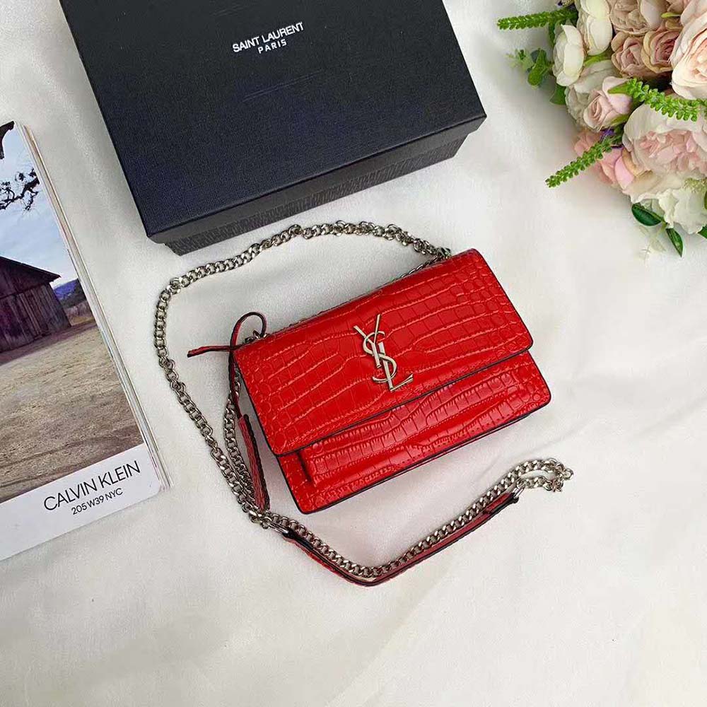 Saint Laurent YSL Women Sunset Medium Crocodile Embossed Shiny-Red 4 Saint Laurent YSL Women Sunset Medium Crocodile Embossed Shiny-Red - Image 4
