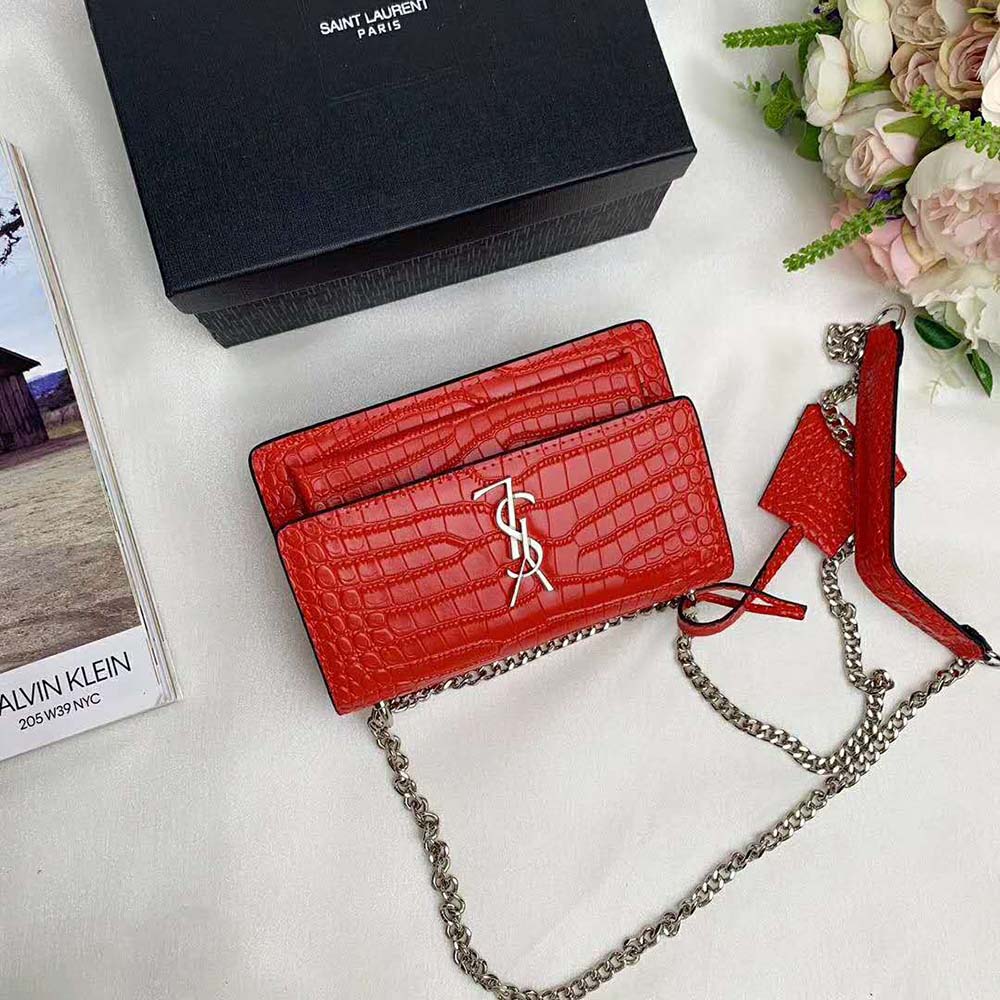Saint Laurent YSL Women Sunset Medium Crocodile Embossed Shiny-Red 3 Saint Laurent YSL Women Sunset Medium Crocodile Embossed Shiny-Red - Image 3