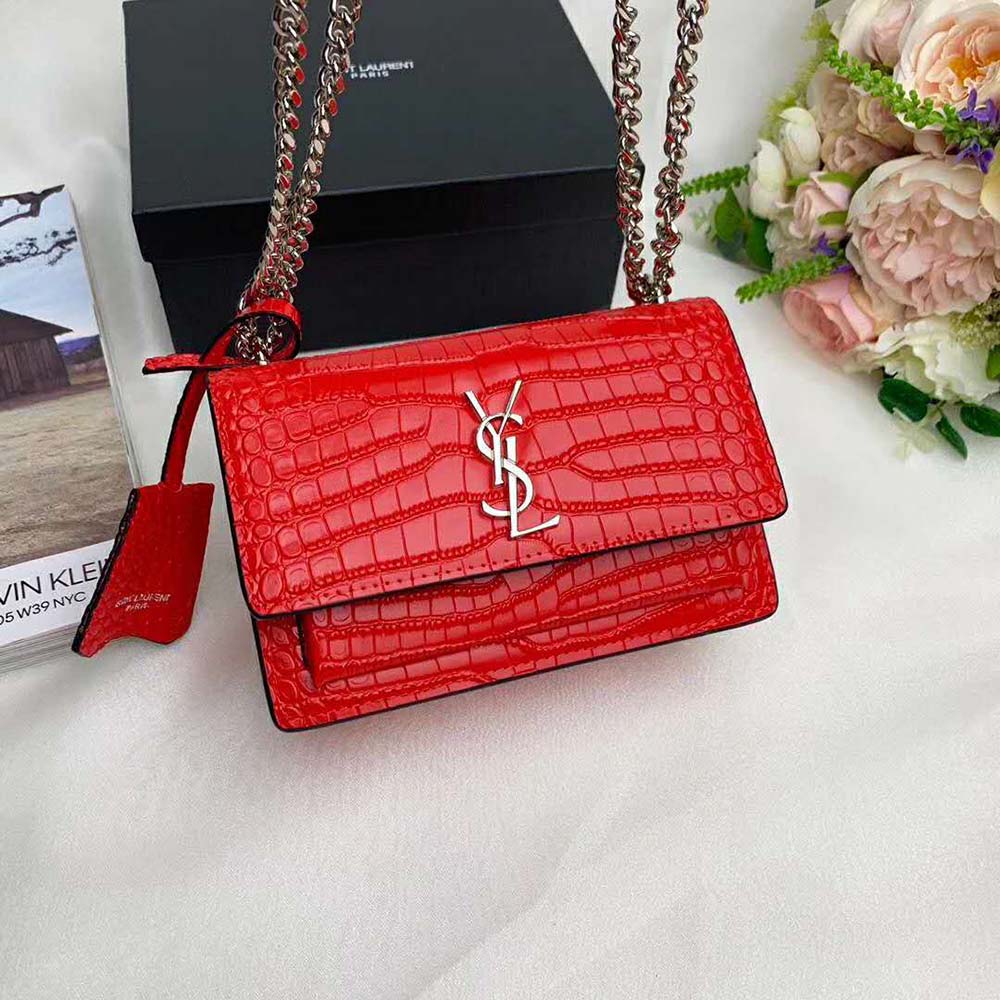 Saint Laurent YSL Women Sunset Medium Crocodile Embossed Shiny-Red 2 Saint Laurent YSL Women Sunset Medium Crocodile Embossed Shiny-Red - Image 2