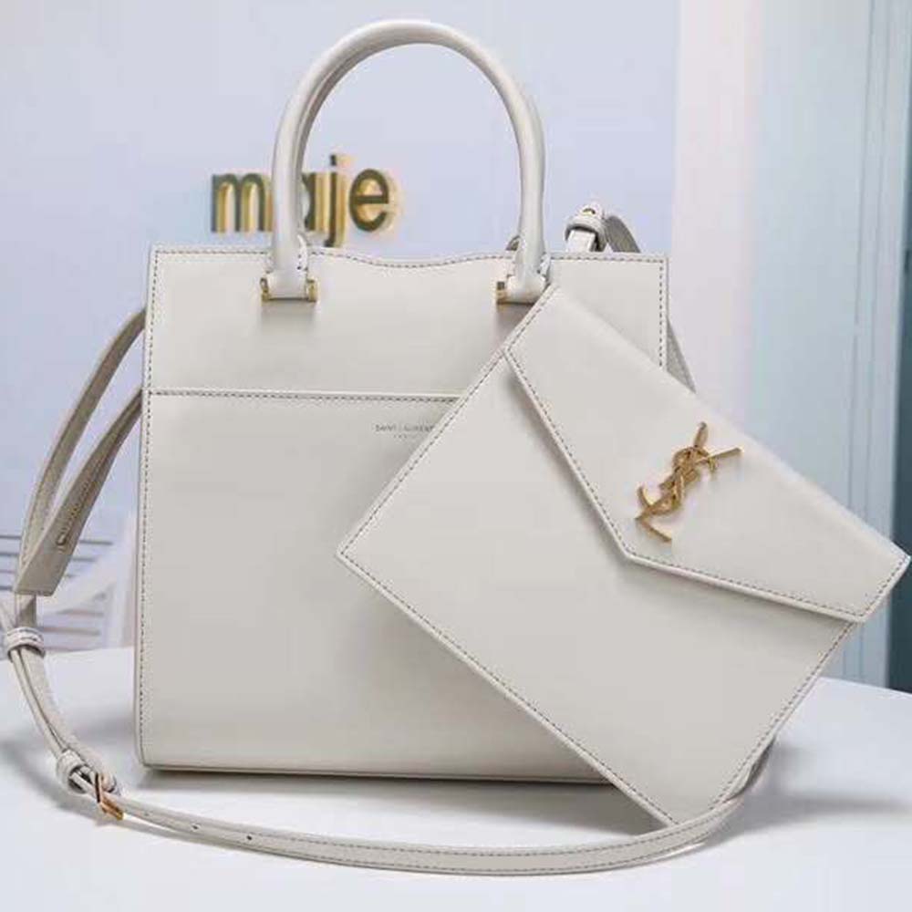Saint Laurent YSL Women Uptown Small Tote Shiny Smooth-White 4 Saint Laurent YSL Women Uptown Small Tote Shiny Smooth-White - Image 4