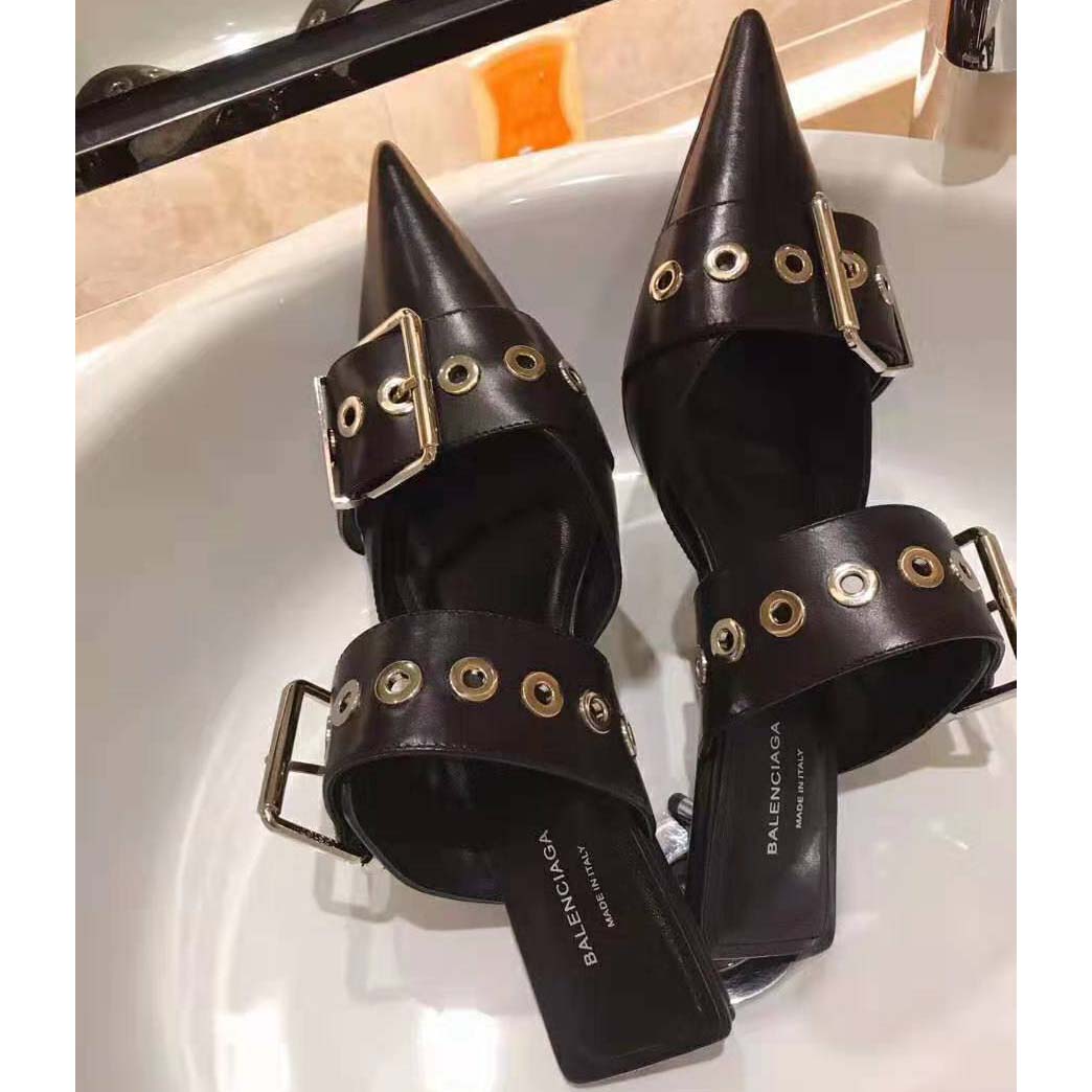 Balenciaga Women Belt 40mm Mule Pumps in Black Leather