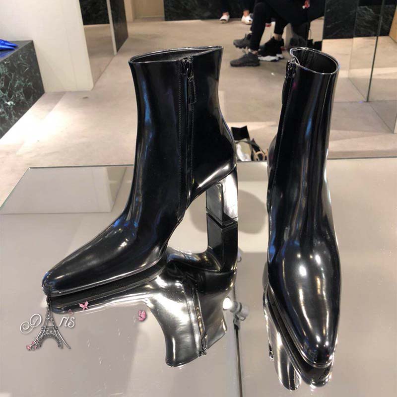 Balenciaga Women Shoes Round Toe Glazed Calfskin Booties 80mm Heel-Black - Image 2