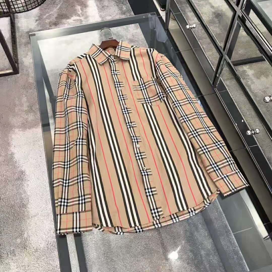 Burberry Men Classic Fit Patchwork Cotton Poplin Shirt-Brown