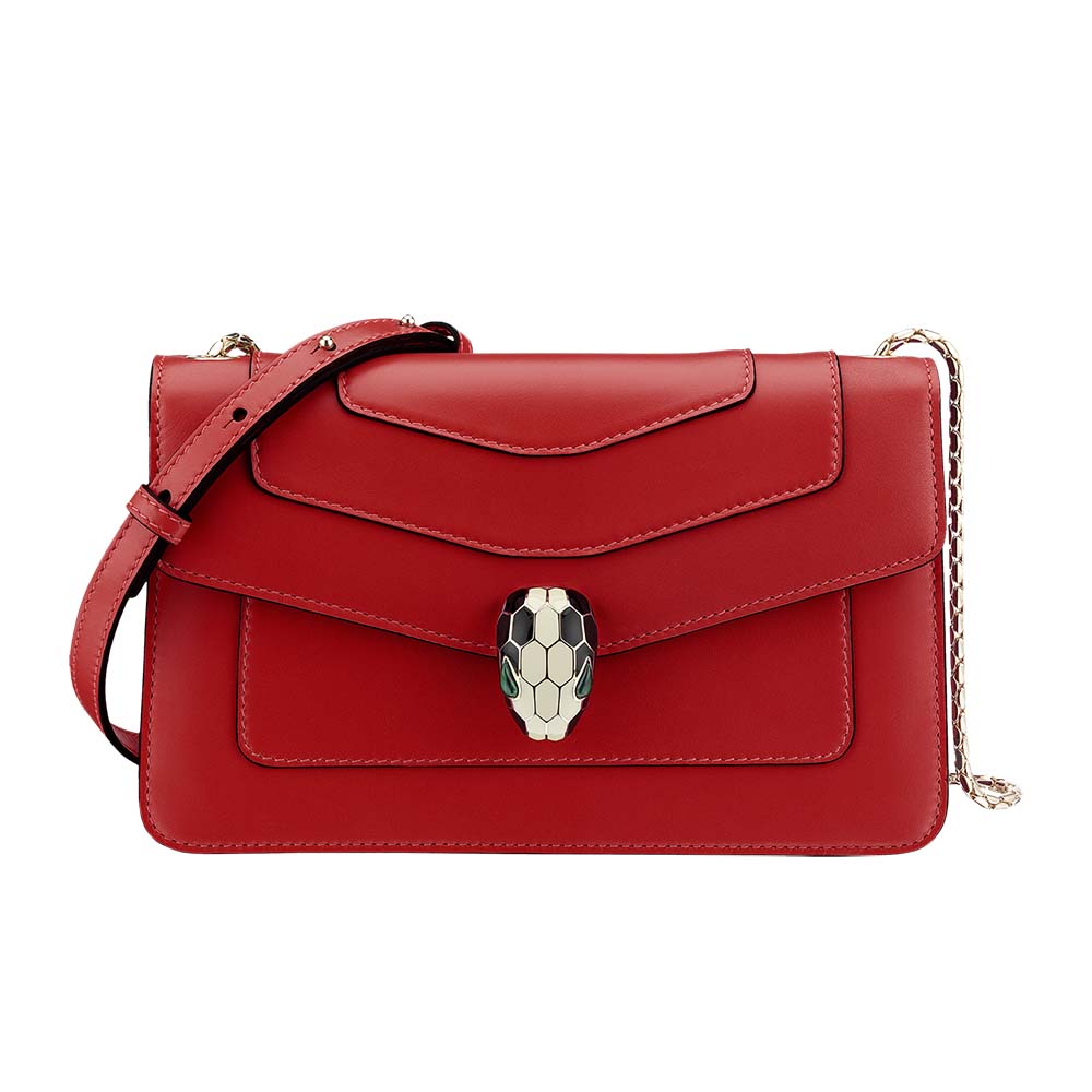 Bvlgari Women Flap Cover Bag Serpenti Forever in Ruby Red Calf Leather