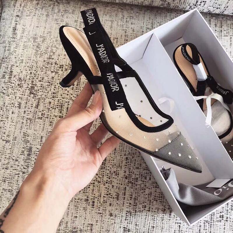 Dior Women J'Adior Slingback Nude Dotted Swiss Rhinestones Ribbon Adorned Rhinestones - Image 5