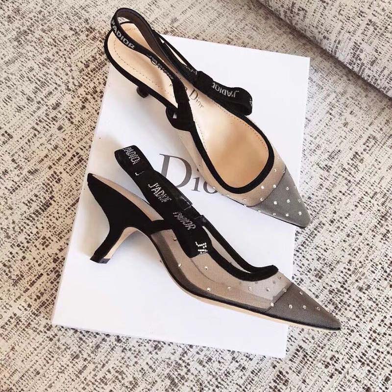 Dior Women J'Adior Slingback Nude Dotted Swiss Rhinestones Ribbon Adorned Rhinestones - Image 3