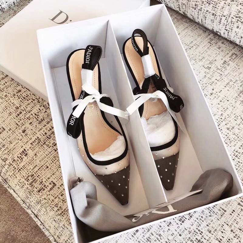 Dior Women J'Adior Slingback Nude Dotted Swiss Rhinestones Ribbon Adorned Rhinestones - Image 4