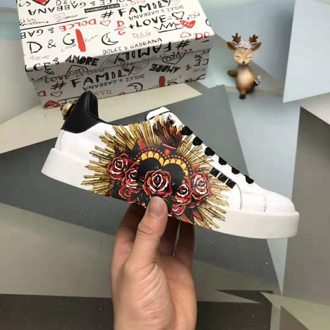 Dolce Gabbana D&G Men Printed Calfskin Portofino Sneakers in White - Image 10