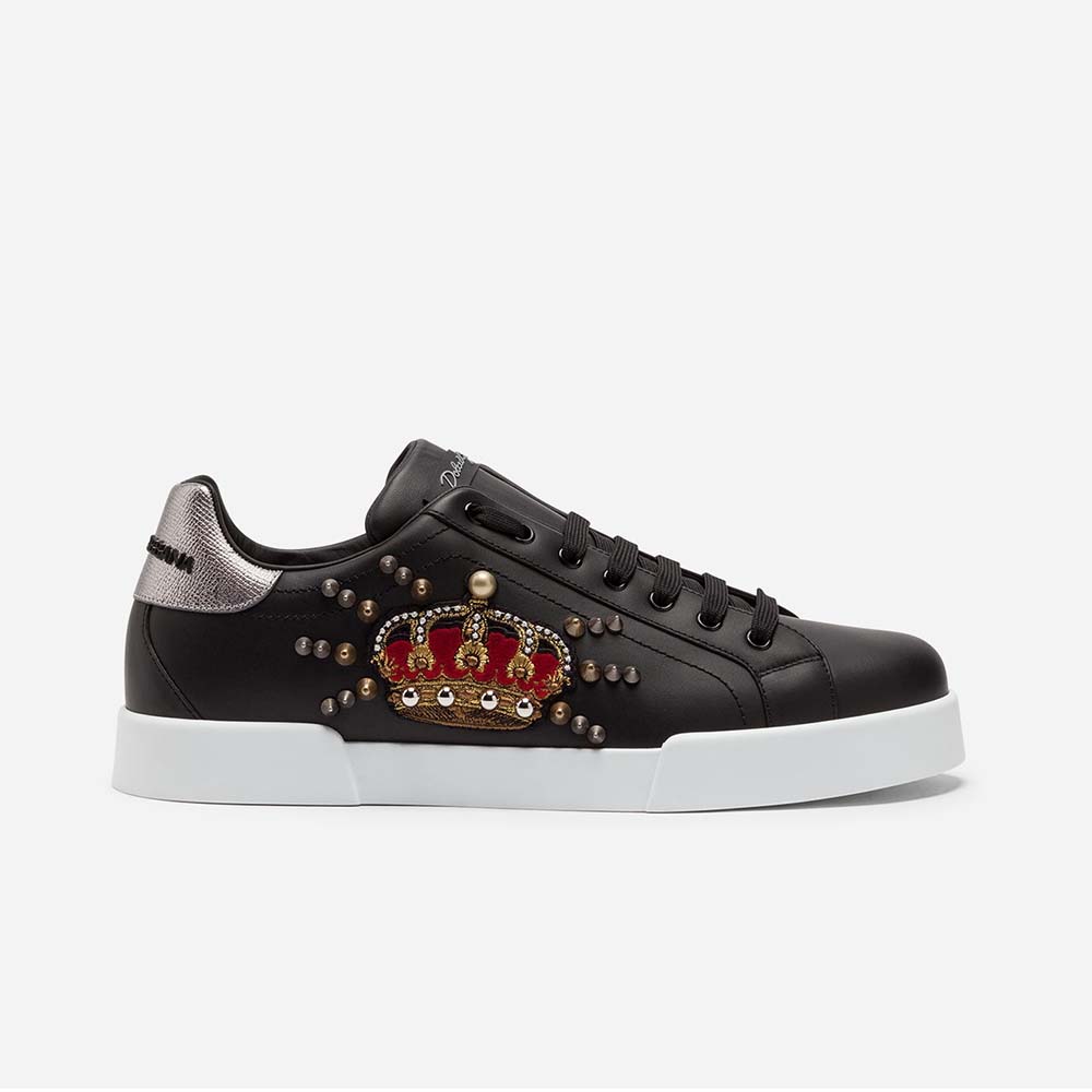 Dolce Gabbana D&G Men Shoes Calfskin Portofino Sneakers With Patch-Black