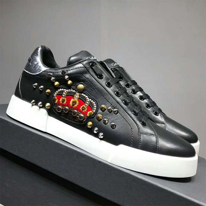 Dolce Gabbana D&G Men Shoes Calfskin Portofino Sneakers With Patch-Black - Image 5
