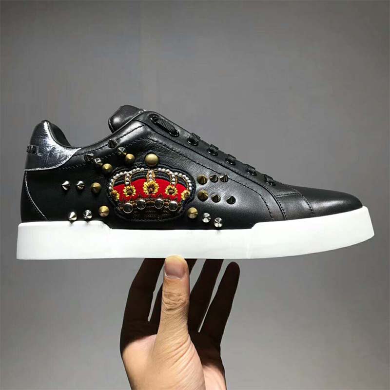 Dolce Gabbana D&G Men Shoes Calfskin Portofino Sneakers With Patch-Black - Image 6