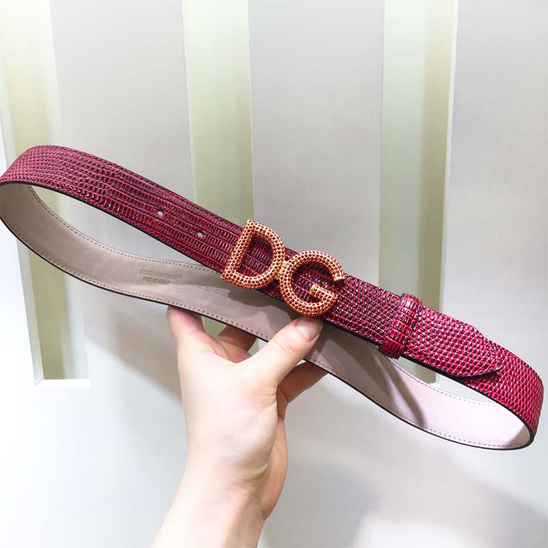 Dolce Gabbana D&G Women Belt in Iguana Print Calfskin-Maroon - Image 2