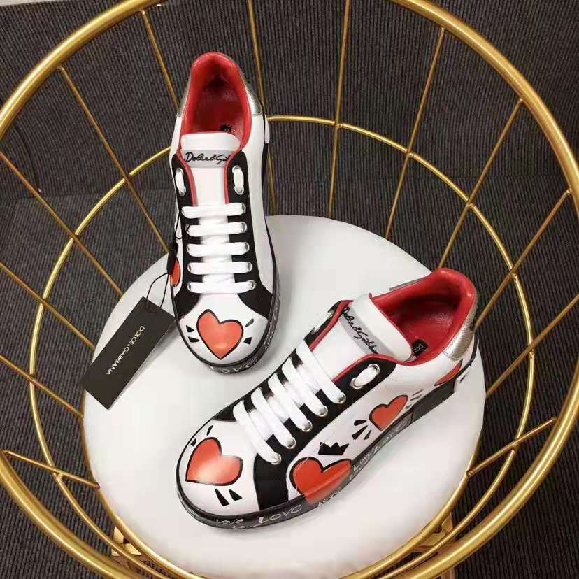 Dolce Gabbana D&G Women Calfskin Nappa Portofino Sneakers with Heart Print-Red 4 Dolce Gabbana D&G Women Calfskin Nappa Portofino Sneakers with Heart Print-Red - Image 4