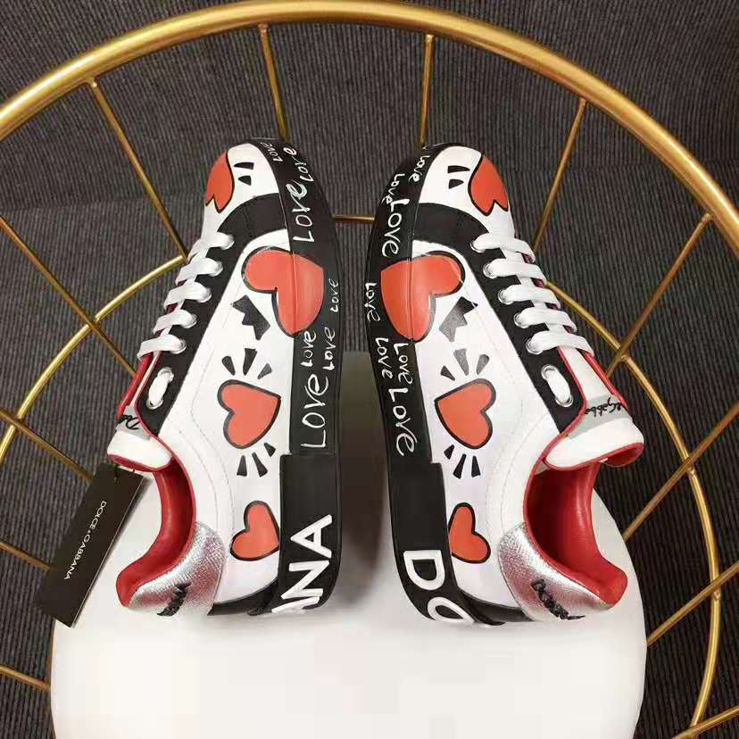 Dolce Gabbana D&G Women Calfskin Nappa Portofino Sneakers with Heart Print-Red 5 Dolce Gabbana D&G Women Calfskin Nappa Portofino Sneakers with Heart Print-Red - Image 5