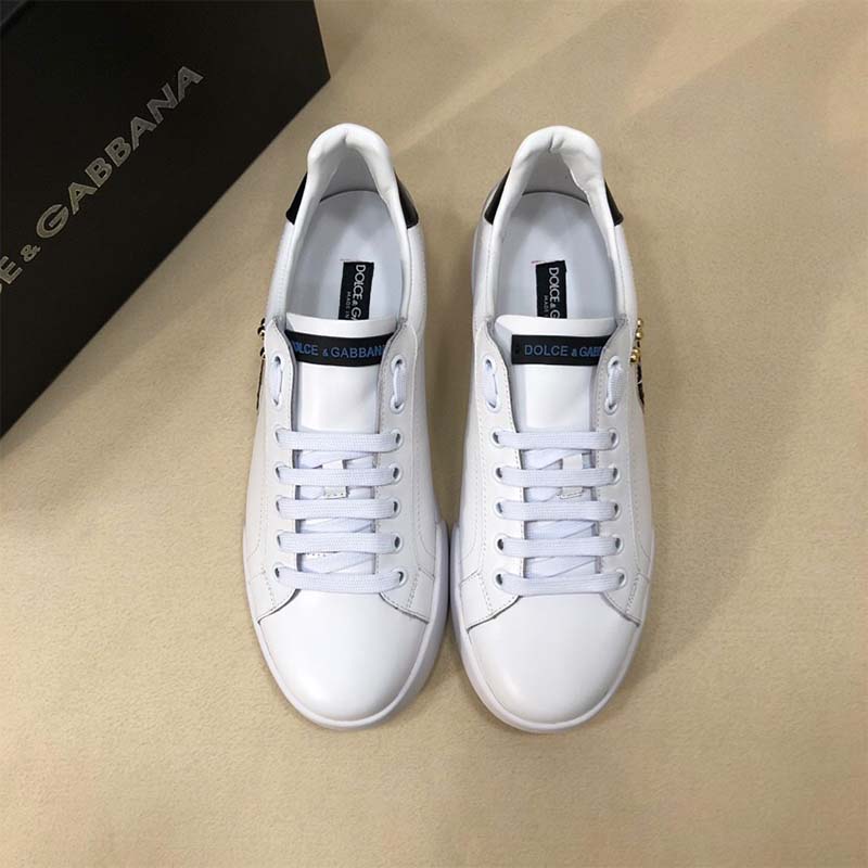 Dolce Gabbana D&G Unisex Shoes Calfskin Portofino Sneakers with Patches of the Designers-White - Image 3