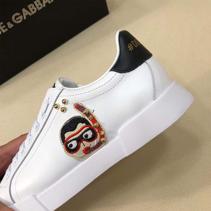 Dolce Gabbana D&G Unisex Shoes Calfskin Portofino Sneakers with Patches of the Designers-White - Image 8