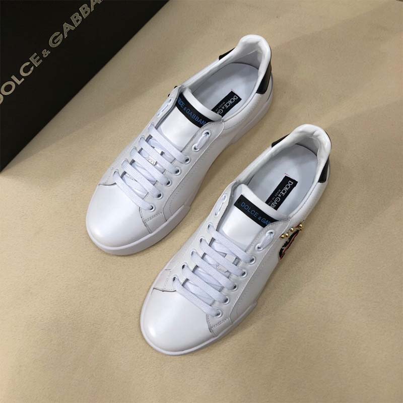 Dolce Gabbana D&G Unisex Shoes Calfskin Portofino Sneakers with Patches of the Designers-White - Image 2