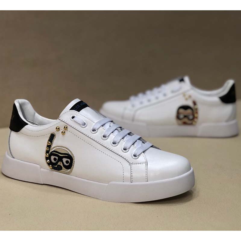 Dolce Gabbana D&G Unisex Shoes Calfskin Portofino Sneakers with Patches of the Designers-White - Image 6