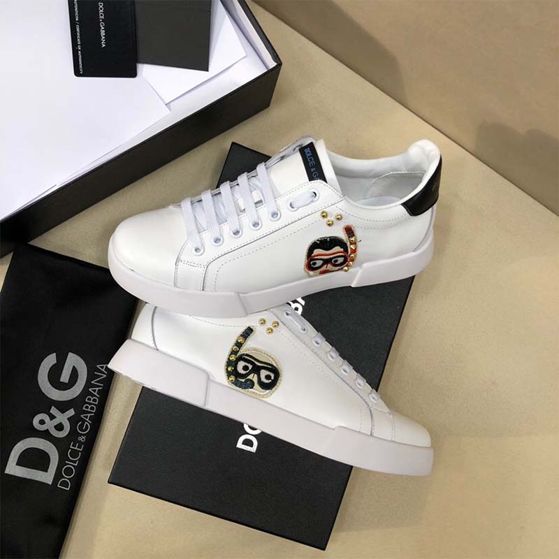 Dolce Gabbana D&G Unisex Shoes Calfskin Portofino Sneakers with Patches of the Designers-White - Image 5