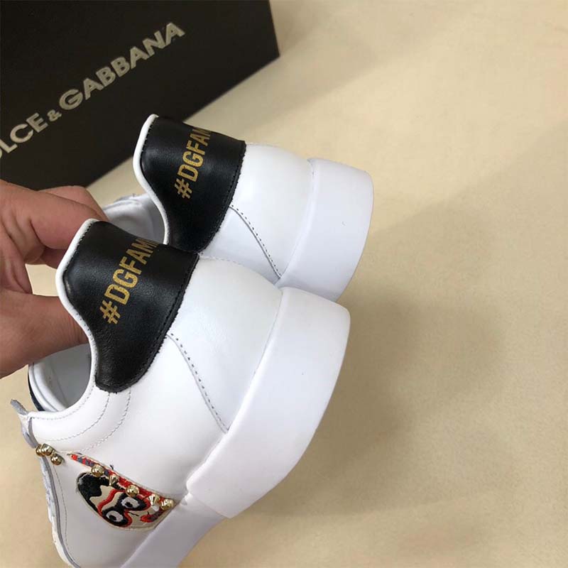 Dolce Gabbana D&G Unisex Shoes Calfskin Portofino Sneakers with Patches of the Designers-White - Image 7